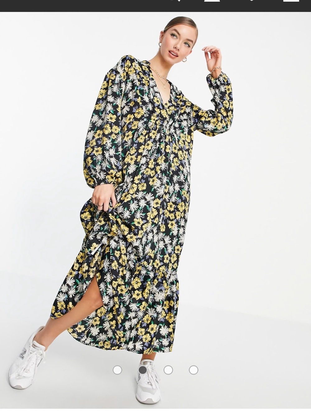 Mango Black Maxi Dress with Yellow & White Floral Print